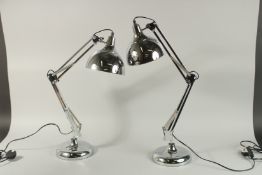 A LARGE PAIR OF CHROME ANGLE POISE LAMPS.