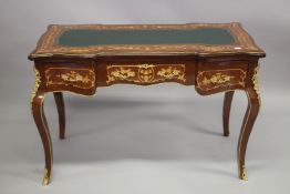A GOOD LOUIS XVITH STYLE INLAID BUREAU PLAT with inset leather top, three drawers with gilt mounts