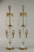 A GOOD PAIR OF HOB NAIL CUT GLASS AND METAL STANDING LAMPS with swan neck handles. 75cm high.