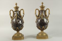 A VERY GOOD PAIR OF LOUIS XVITH MARBLE AND ORMOLU CASSOLETTES with swan neck handles and garlands,