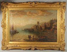 19TH CENTURY ENGLISH SCHOOL. A NORTH OF ENGLAND FISHING VILLAGE with church buildings and fishing