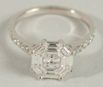 AN 18CT WHITE GOLD DIAMOND ASSCHER CUT CLUSTER RING.