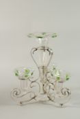 AN ART DECO COLUMN GLASS TABLE CENTREPIECE with a silver plated stand and four trumpet vases. 34cm