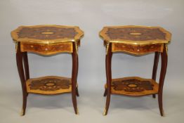A PAIR OF LOUIS XVITH STYLE TWO TIER INLAID TABLES with single drawer,under tier and curving legs.