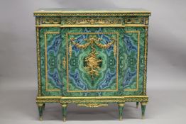A SUPBERB FAUX MALACHITE AND ORMOLU CABINET with ornate decoration and panel door. 108cm high, 108cm