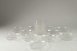 A SET OF ELEVEN ETCHED CIRCULAR ICE PLATES and an ice bucket. (12) 85.