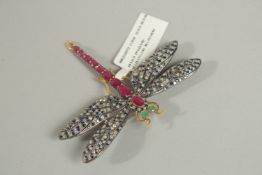 A GOOD DIAMOND AND SAPPHIRE DRAGONFLY BROOCH. 7cm long.