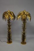 A GOOD LARGE PAIR OF GILDED METAL PALM LAMPS.