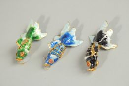 THREE CLOISONNE FISH.