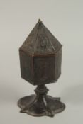 A RARE 14th CENTURY METAL CHALICE AND COVER of hexagonal form each with religious scenes. 23cm