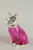 A RUBY GLASS NOVELTY CLARET JUG with silver plated dogs head and handle. 21cm high.