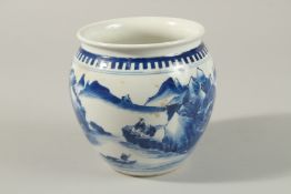 A CHINESE BLUE AND WHITE PORCELAIN JAR, painted with a continuous landscape scene, base with