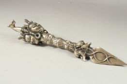 A TIBETAN BUDDHIST PHURBA / KILA RITUALISTIC DAGGER, the metal dagger decorated with various heads