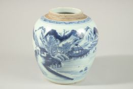 A CHINESE BLUE AND WHITE PORCELAIN JAR, painted with a continuous landscape scene, 18cm high.