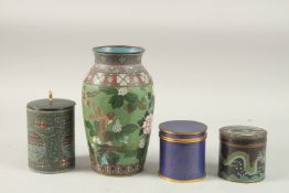 FOUR CHINESE CLOISONNE ITEMS: floral vase, and thre cylindrical lidded pots, (4).