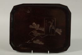 A JAPANESE WOODEN TRAY, with incised decoration, 32cm x 25cm.