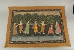 AN EARLY 20TH CENTURY INDIAN PAINTED FABRIC DEPICTING KRISHNA AND GOPIES, 100cm x 70cm.