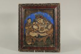 A FINE 19TH CENTURY SOUTH INDIAN TANJORE PAINTING OF ENTHRONED BABY KRISHNA, 39cm x 34cm overall.