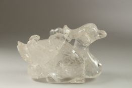 A FINE LARGE CHINESE CARVED ROCK CRYSTAL DUCK, 23cm long.