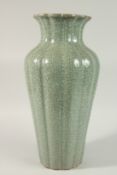 A VERY LARGE CHINESE CELADON CRACKLE GLAZE PORCELAIN VASE, with lobed body and petal-form rim,