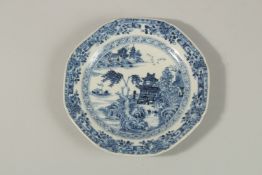 A SMALL CHINESE OCTAGONAL BLUE AND WHITE PORCELAIN DISH, finely decorated with central landscape
