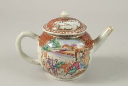 A CHINESE EXPORT PORCELAIN TEAPOT, painted with panels of figures, 13cm high.