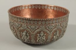 A VERY FINE 19TH CENTURY SOUTH INDIAN TANJORE SILVER INLAID COPPER BOWL, 21cm wide.
