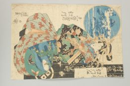 EISEN KEISAI (1790-1848): COURTESAN AND MT FUJI; original Japnese woodblock print, circa 1820s-