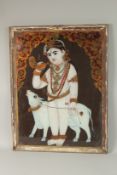 A LATE 19TH CENTURY SOUTH INDIAN REVERSE GLASS, depicting Krishna with a cow, 65cm x 49cm overall.