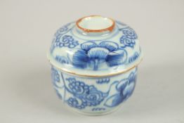 A SMALL 19TH CENTURY CHINESE BLUE AND WHITE PORCELAIN LIDDED POT, with floral decoration, 7cm high.