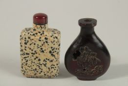 A FINE 18TH-19TH CENTURY CHINESE CARVED RHINO HORN SNUFF BOTTLE AN A DALMATION JASPER SNUFF