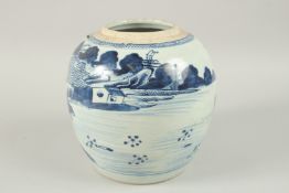 A LARGE CHINESE BLUE AND WHITE PORCELAIN GINGER JAR, C1800, painted with a continuous landscape