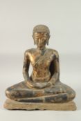 AN UNUSUAL LARGE THAI LACQUERED BRONZE SEATED BUDDHA, with gold leaf decoration and mounted to a
