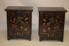 A PAIR OF CHINESE BLACK LACQUER AND CHINOSERIE DECORATED TWO-DOOR CABINETS, the pair of doors
