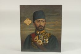 A FINE 19TH CENTURY QAJAR PORTRAIT OIL PAINTING ON BOARD, depicting Madhi Khan, signed Musavvir Al-