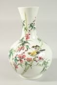 A LARGE CHINESE MID-20TH CENTURY PORCELAIN VASE, painted with birds on a branch, the base with