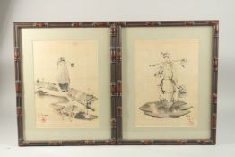 A PAIR OF ORIENTAL INK PAINTINGS, each signed, glazed and framed with carved bamboo-style frames,