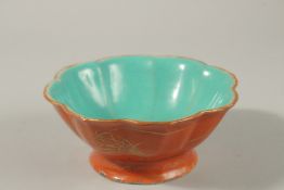 A CHINESE CORAL-RED AND TURQUOISE GLAZE PORCELAIN PETAL-FORM BOWL, the exterior with gilded reeds