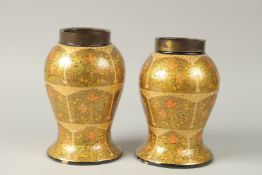 A FINE PAIR OF ANGLO INDIAN KASHMIRI PAINTED AND LACQUERED PAPIER MACHE VASES, with brass