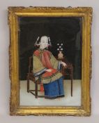 A FINE 19TH CENTURY CHINESE REVERSE GLASS PAINTING depicting a seated female in traditional robes,