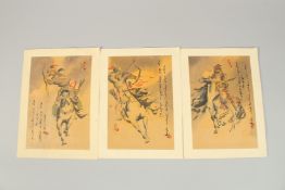 A SET OF THREE MONGOLIAN INK PAINTINGS ON PAPER, depicting warriors on horseback, each signed and