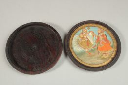 A FINE 19TH CENTURY INDIAN CIRCULAR PAINTING, depicting Bahuchara Mata seated upon a chicken: in