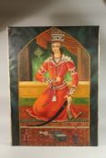 A 20TH CENTURY PERSIAN STYLE OIL PAINTING ON CANVASS, depicting a seated figure in traditional