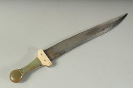 A FINE AND LARGE INDIAN JADE AND BONE HILTED DAGGER, with watered steel blade. 40cm long.
