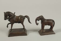 A 19TH CENTURY INDIAN BRASS HORSE AND ANOTHER ELEPHANT, horse 9.5cm high, (2).