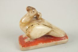 A 19TH CENTURY INDIAN RAJASTHAN CARVED MARBLE FIGURE OF A PEA HEN, 10cm long.