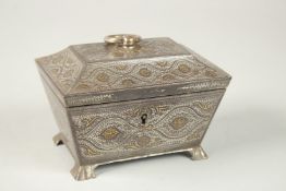 A FINE 19TH CENTURY NORTH INDIAN SIALKOT SILVER AND GOLD INLAID STEEL BOX, with original key, 13.5cm