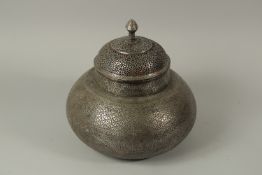 A FINE AND LARGE PERSIAN ENGRAVED AND OPENWORKED TINNED COPPER LIDDED BOWL, 30cm high.