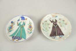 TWO OTTOMAN TURKISH KUTAHYA DISHES, 14cm diameter.