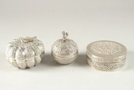 THREE WHITE METAL LIDDED BOXES, each piece marked to base, (3).